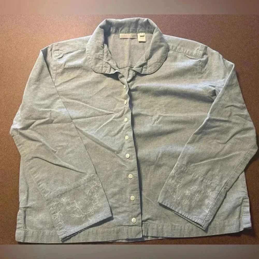 J. Jill Cotton Blouse with Floral Embroidery | Light Blue-Gray | Size M Cotton